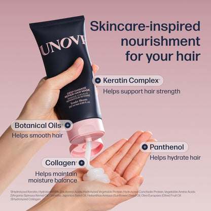 UNOVE Deep Damage Repair Hair Mask - Protein Hair Treatment & Hair Mask for Damaged Hair - Deep Conditioning & Keratin Hair Mask for Dry, Frizzy Hair - Korean Hair Care - Tender Bloom, 7 fl oz