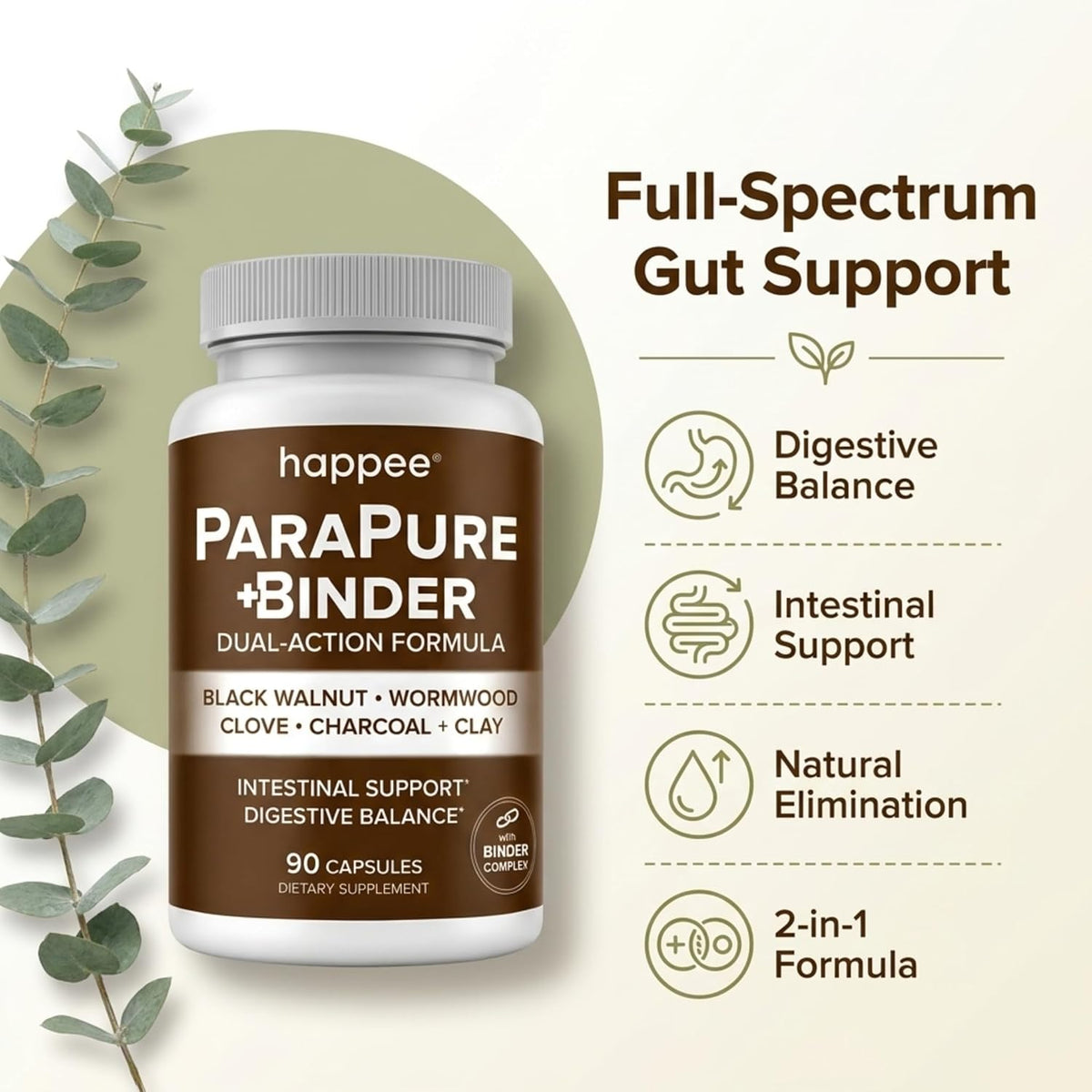 Happee ParaPure Cleanse with Binder for Humans, Intestinal Support, 2-in-1 - Wormwood, Black Walnut, Clove with Charcoal Binder for Digestive Balance (No Stack Needed) 90 Capsules