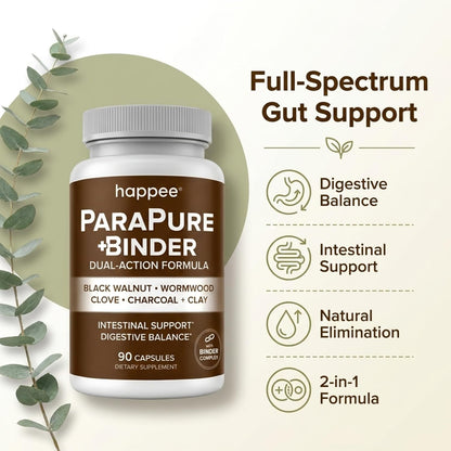 Happee ParaPure Cleanse with Binder for Humans, Intestinal Support, 2-in-1 - Wormwood, Black Walnut, Clove with Charcoal Binder for Digestive Balance (No Stack Needed) 90 Capsules