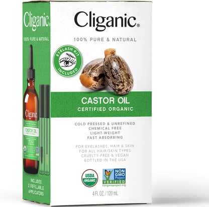 Cliganic Organic Castor Oil, 100% Pure (4oz with Eyelash Kit) - For Eyelashes, Eyebrows, Hair & Skin
