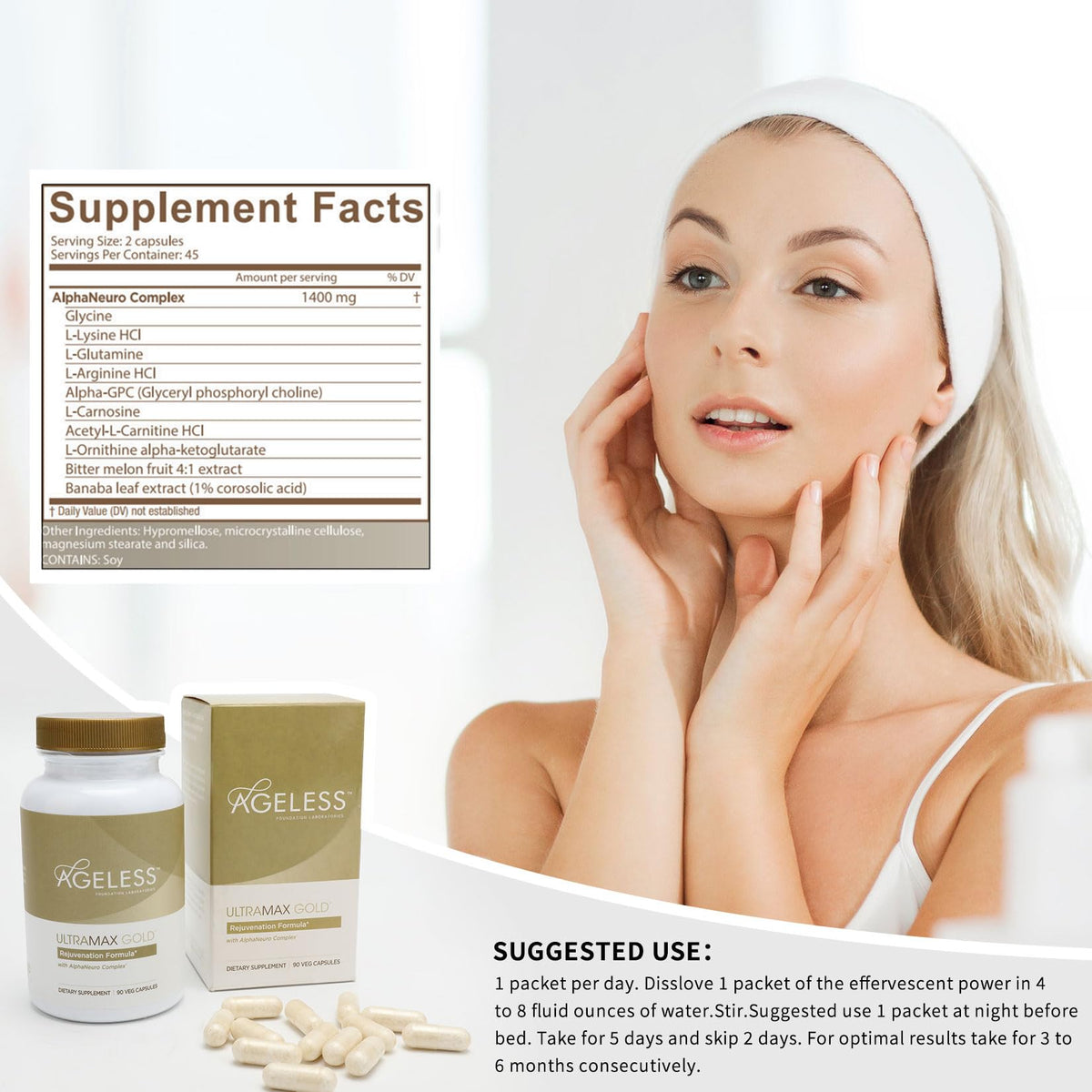 AGELESS: UltraMAX Gold Capsules, HGH Anti-Aging Supplement for Women, Slows