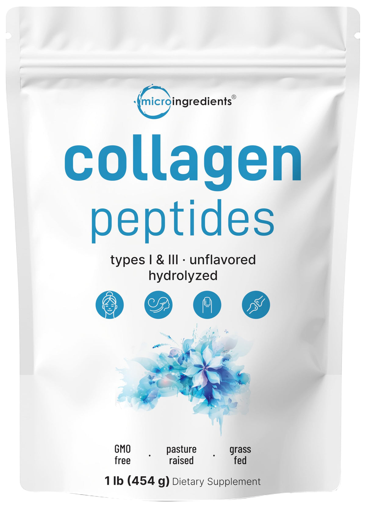 Micro Ingredients Hydrolyzed Collagen Peptides Powder, 1 lb - Type I & III Collagen for Women & Men - Unflavored Bovine Collagen Protein - Easy Dissolve, Paleo, Non-GMO