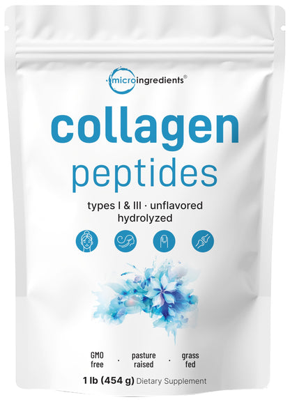 Micro Ingredients Hydrolyzed Collagen Peptides Powder, 1 lb - Type I & III Collagen for Women & Men - Unflavored Bovine Collagen Protein - Easy Dissolve, Paleo, Non-GMO