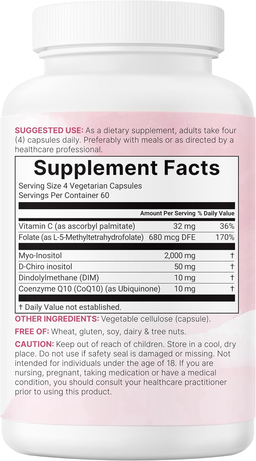 Myo-Inositol & D-Chiro Inositol 2,050mg - 240 Veggie Capsules + Vitamin C, Folate, DIM, & CoQ10 - Inositol Supplement for Women - 40:1 Ratio - Hormonal Balance & Ovarian Support - Filler Free