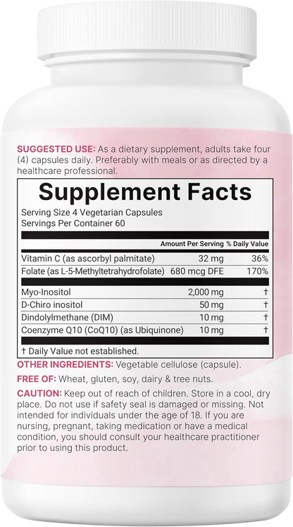 Myo-Inositol & D-Chiro Inositol 2,050mg - 240 Veggie Capsules + Vitamin C, Folate, DIM, & CoQ10 - Inositol Supplement for Women - 40:1 Ratio - Hormonal Balance & Ovarian Support - Filler Free