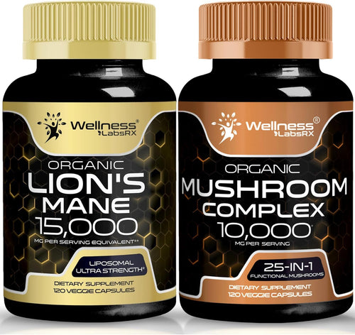WELLNESS LABSRX Lions Mane Supplement Capsules and Mushroom Capsules - Bundle