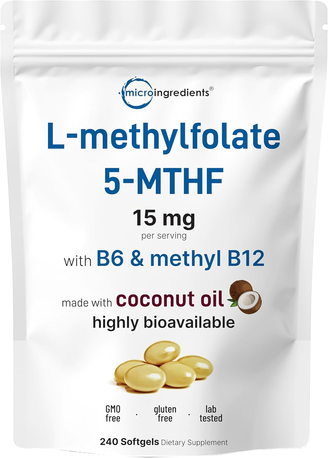 Micro Ingredients L Methylfolate 15mg, 240 Softgels - Active 5-MTHF with B6 & Methyl B12 - Methylated Vitamin B9 with Coconut Oil