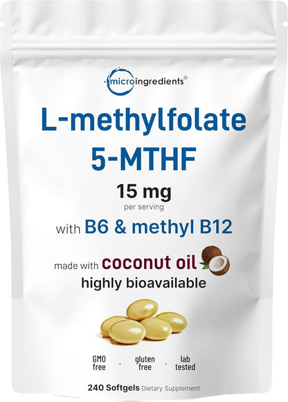 Micro Ingredients L Methylfolate 15mg, 240 Softgels - Active 5-MTHF with B6 & Methyl B12 - Methylated Vitamin B9 with Coconut Oil
