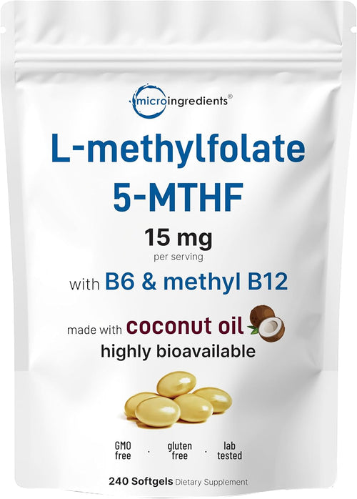 Micro Ingredients L Methylfolate 15mg, 240 Softgels - Active 5-MTHF with B6 & Methyl B12 - Methylated Vitamin B9 with Coconut Oil