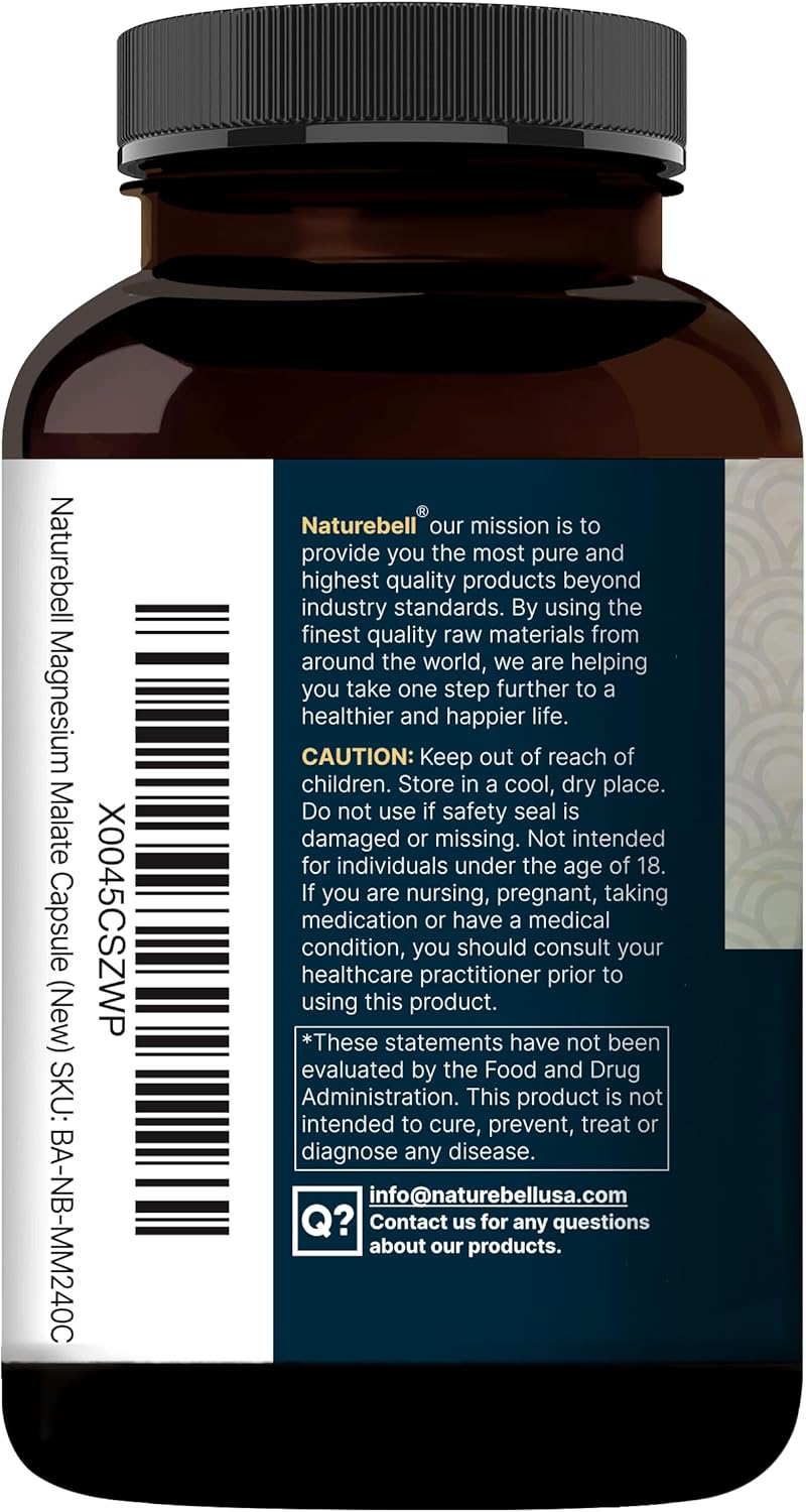 NatureBell Magnesium Malate 1,500mg, 240 Capsules - Chelated for High Absorption - Energy & Nervous System Support - Non-GMO, Gluten-Free