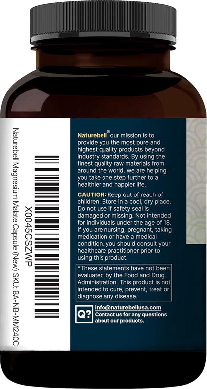 NatureBell Magnesium Malate 1,500mg, 240 Capsules - Chelated for High Absorption - Energy & Nervous System Support - Non-GMO, Gluten-Free
