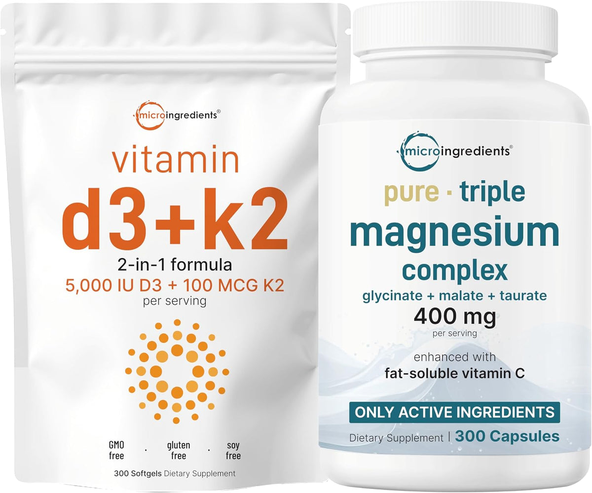 Micro Ingredients Vitamin D3 5,000iu + K2 100mcg Softgels & Pure Triple Magnesium Complex 400mg Capsules - 2 Pack Bundle - Essential D & K Sunshine Vitamins - Glycinate, Malate, & Taurate Forms