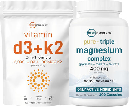 Micro Ingredients Vitamin D3 5,000iu + K2 100mcg Softgels & Pure Triple Magnesium Complex 400mg Capsules - 2 Pack Bundle - Essential D & K Sunshine Vitamins - Glycinate, Malate, & Taurate Forms