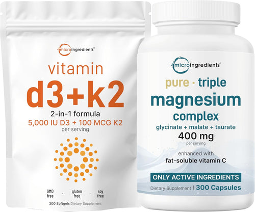 Micro Ingredients Vitamin D3 5,000iu + K2 100mcg Softgels & Pure Triple Magnesium Complex 400mg Capsules - 2 Pack Bundle - Essential D & K Sunshine Vitamins - Glycinate, Malate, & Taurate Forms