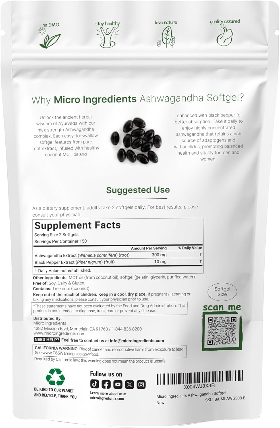 Micro Ingredients Ashwagandha Supplement with Black Pepper - 300 Coconut MCT Oil Softgels - High Potency Root Extract - Better Absorption - Non-GMO