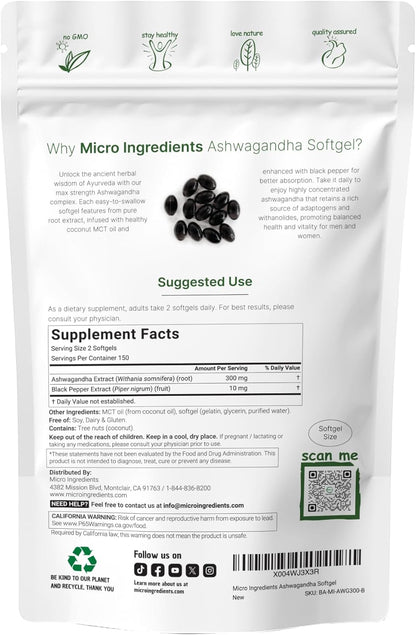 Micro Ingredients Ashwagandha Supplement with Black Pepper - 300 Coconut MCT Oil Softgels - High Potency Root Extract - Better Absorption - Non-GMO