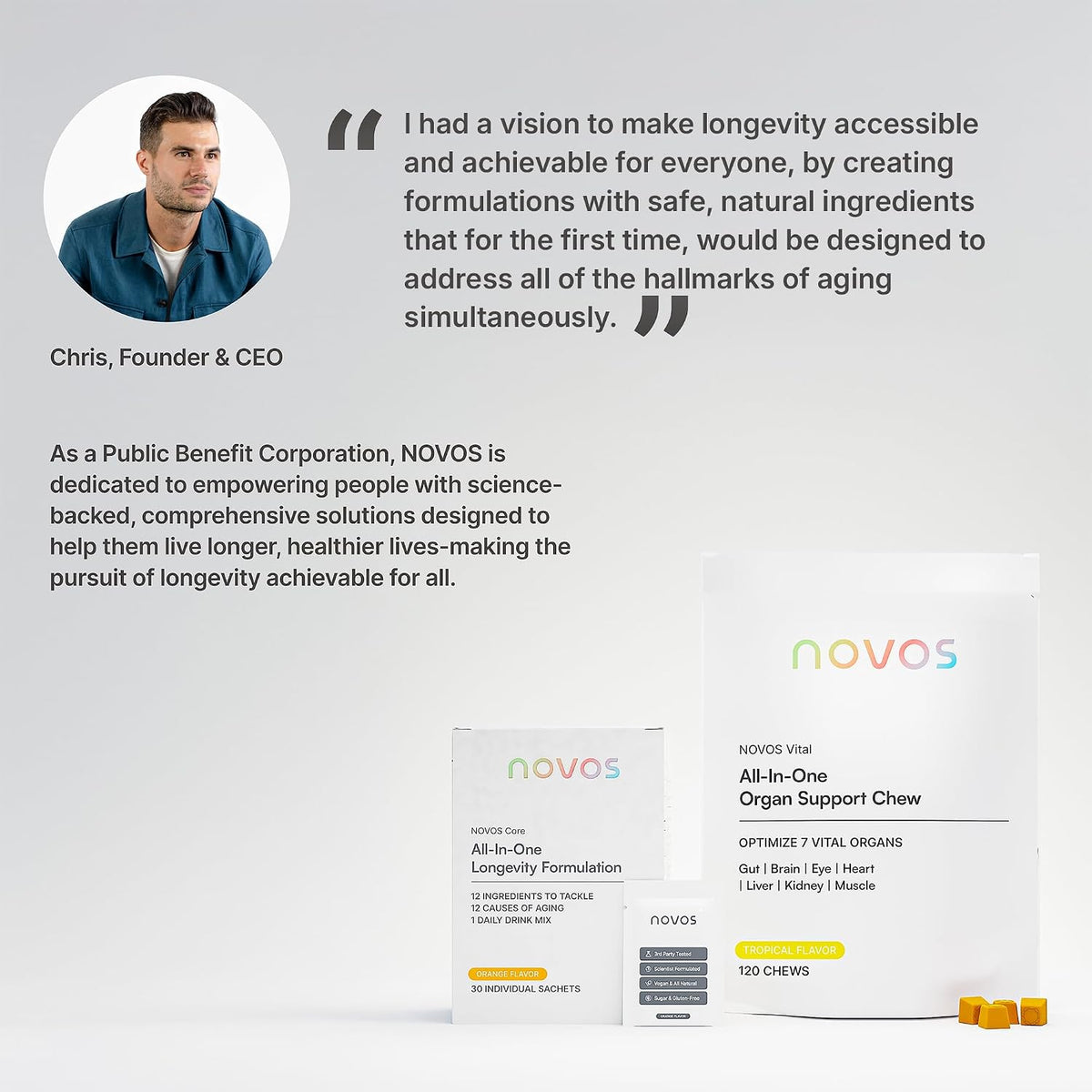 Novos Core Orange + Vital Chews + Boost NMN – Advanced Longevity System - Drink Mix, Chews & Capsules for Cellular Energy, Organ Health & DNA Support