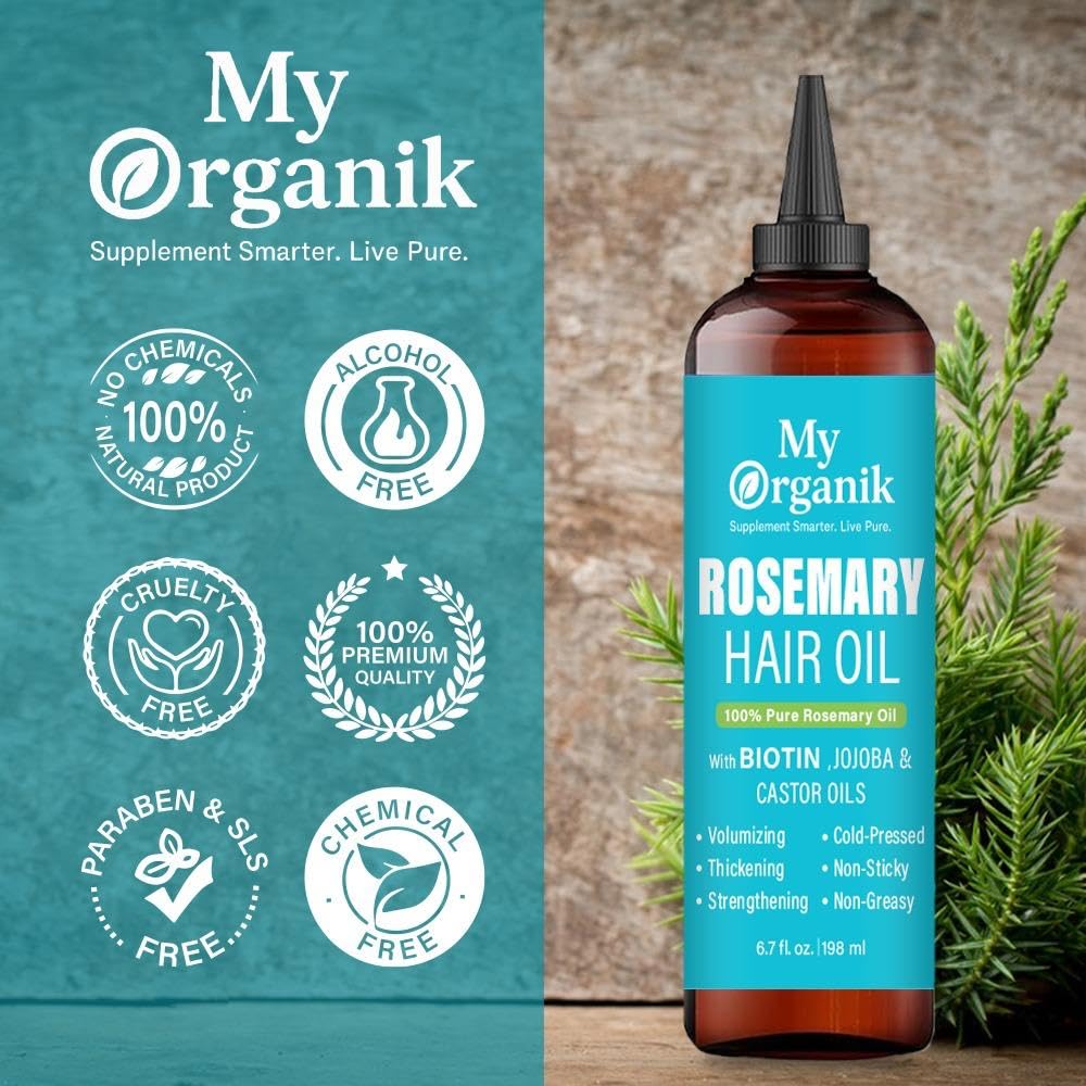 My Organik Rosemary Oil for Hair Growth - Cold-Pressed, Infused with Biotin, Jojoba & Castor Oil - Scalp Treatment for Hair Thickening, Strengthening & Dandruff Relief - Non-GMO - 6.7 fl oz / 198 ml