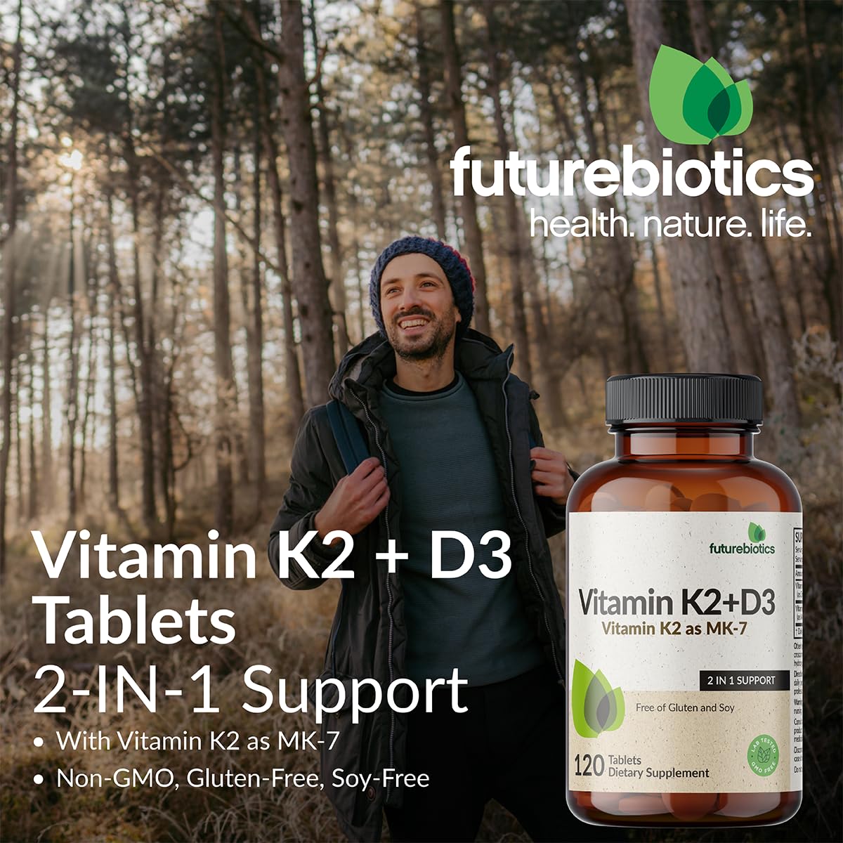 Futurebiotics Vitamin K2 with D3, 2 in 1 Support, 5000 IU Vitamin D3 & 90 mcg Vitamin K2 MK-7 Non-GMO, 120 Tablets