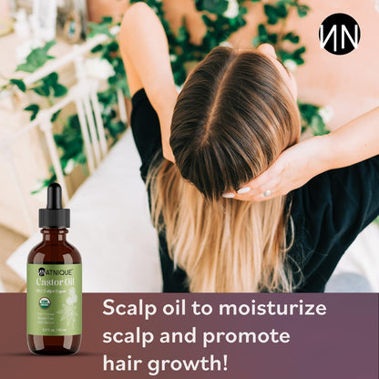 Natnique Castor Oil - USDA Certified Organic, 100% Pure Cold Pressed Unrefined Oil for Hair Growth, Eyelashes, Eyebrows & Scalp - Natural Skin Moisturizer, Lash Serum & Hair Treatment (2 Oz)