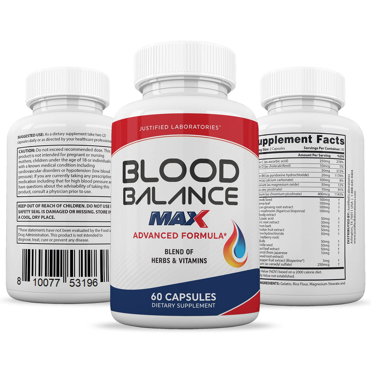 Justified Laboratories (2 Pack Blood Balance Max 1295MG Formula Supplement Pills