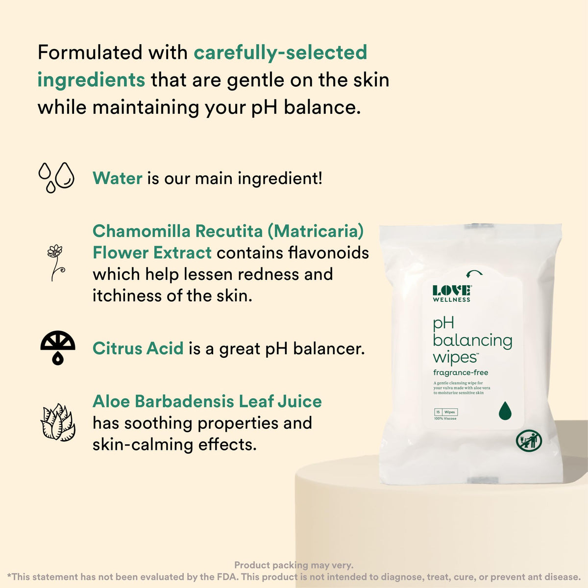 Love Wellness pH Balancing Wipes for Women - Feminine Hygiene for Cleansing with Aloe Vera