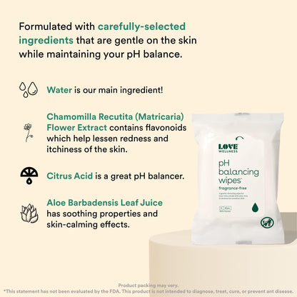 Love Wellness pH Balancing Wipes for Women - Feminine Hygiene for Cleansing with Aloe Vera