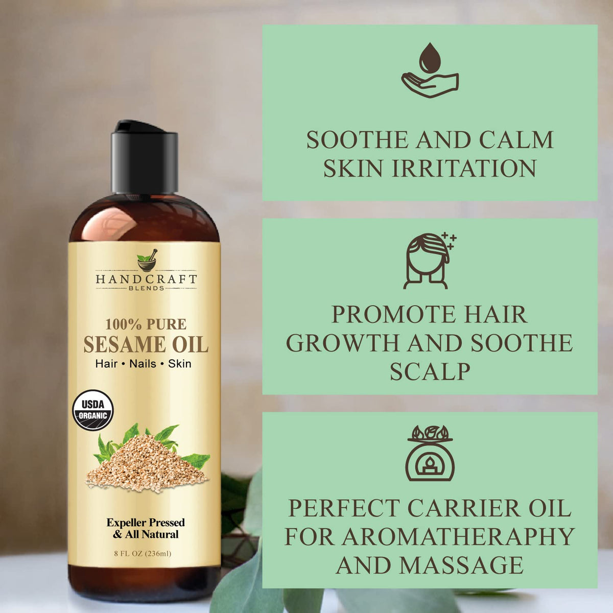 Handcraft Blends Organic Sesame Oil for Skin and Hair 8 oz - 100% Pure and Natural - Premium