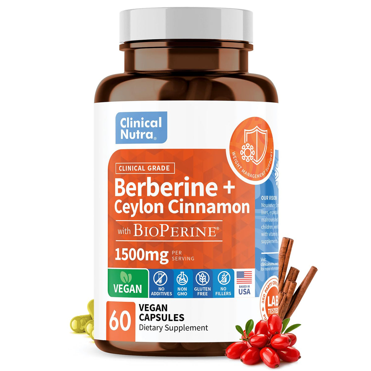 inical Grade Berberine Supplement 1500mg HCL Plus Ceylon Cinnamon Weight Managemen