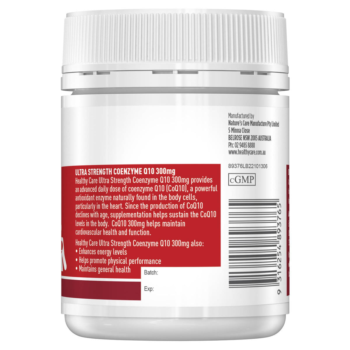 Healthy Care Ultra Strength 300mg Co Enzyme Q10 Capsules, Red, 60 Count - Supports