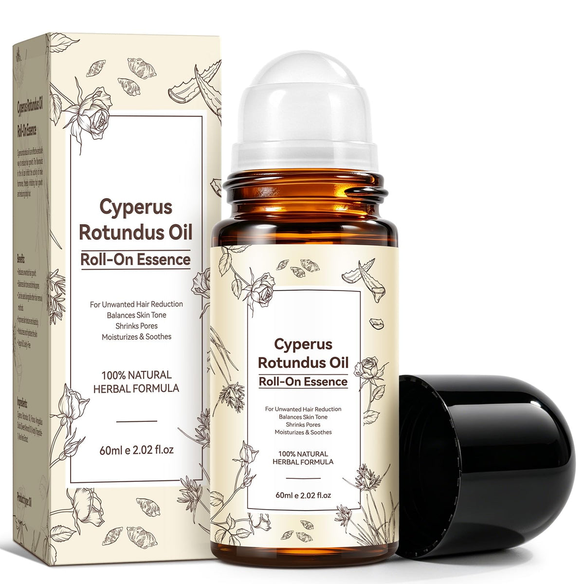 Cyperus Rotundus Oil Roll-on Essence, Cypress Rotundus Oil for Hair Removal, Natural Inhibitor to Reduce Unwanted Hair Growth, Soothes Skin & Minimizes Pores, 2.02 Fl Oz