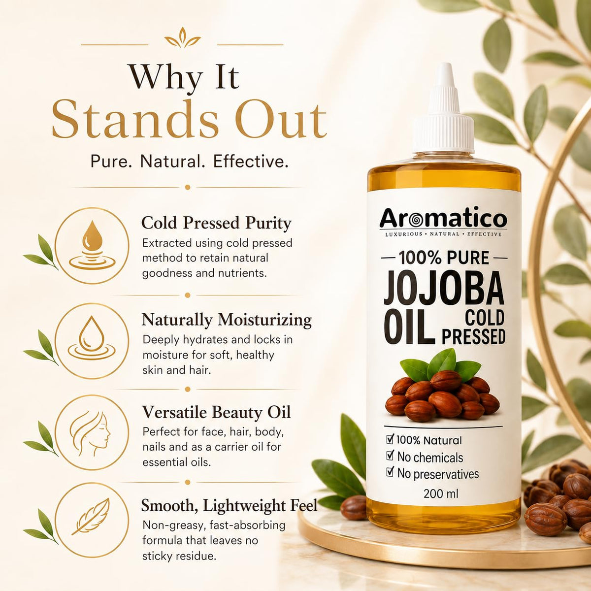 Aromatico Cold Pressed Jojoba Oil - 7 Fl Oz - Natural Hair, Face & Body Oil - Lightweight Moisturizing Carrier Oil for Dry Scalp, Skin Care, Beard, Cuticles & Massage