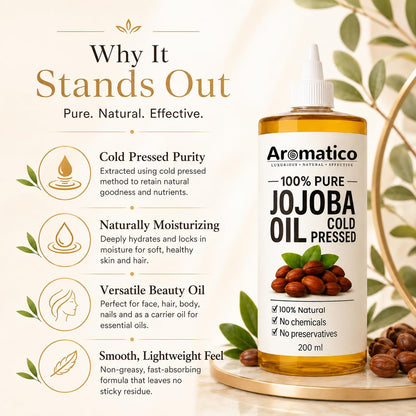 Aromatico Cold Pressed Jojoba Oil - 7 Fl Oz - Natural Hair, Face & Body Oil - Lightweight Moisturizing Carrier Oil for Dry Scalp, Skin Care, Beard, Cuticles & Massage