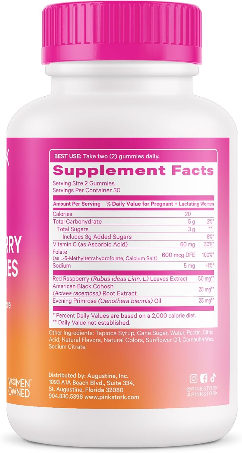 Pink Stork Red Raspberry Leaf Gummies for Labor Prep, 60 Count - Evening Primrose Oil + Black Cohosh, Pregnancy + Postpartum Mood Essentials, Vegan, Non-GMO
