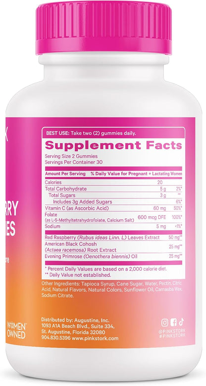 Pink Stork Red Raspberry Leaf Gummies for Labor Prep, 60 Count - Evening Primrose Oil + Black Cohosh, Pregnancy + Postpartum Mood Essentials, Vegan, Non-GMO