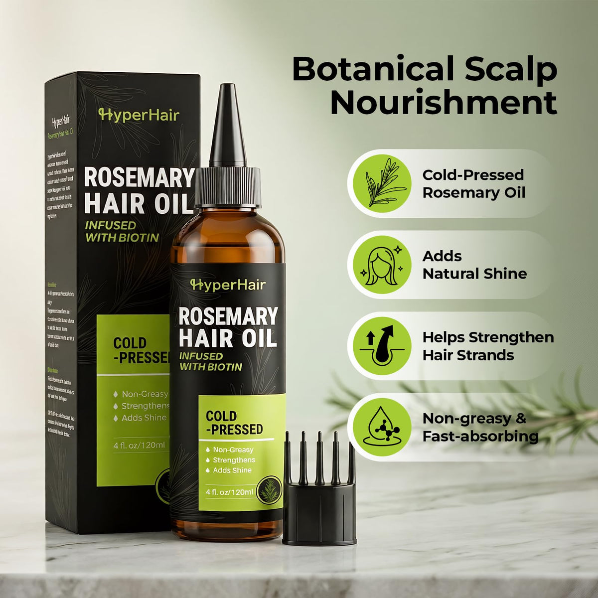 HyperHair Rosemary Oil for Hair Growth, Cold-Pressed Rosemary Oil with Biotin, Nourishing Hair Growth Oil for Scalp Care, Thicker-Looking Hair, Stronger Strands & Split End Care, 4 Fl Oz