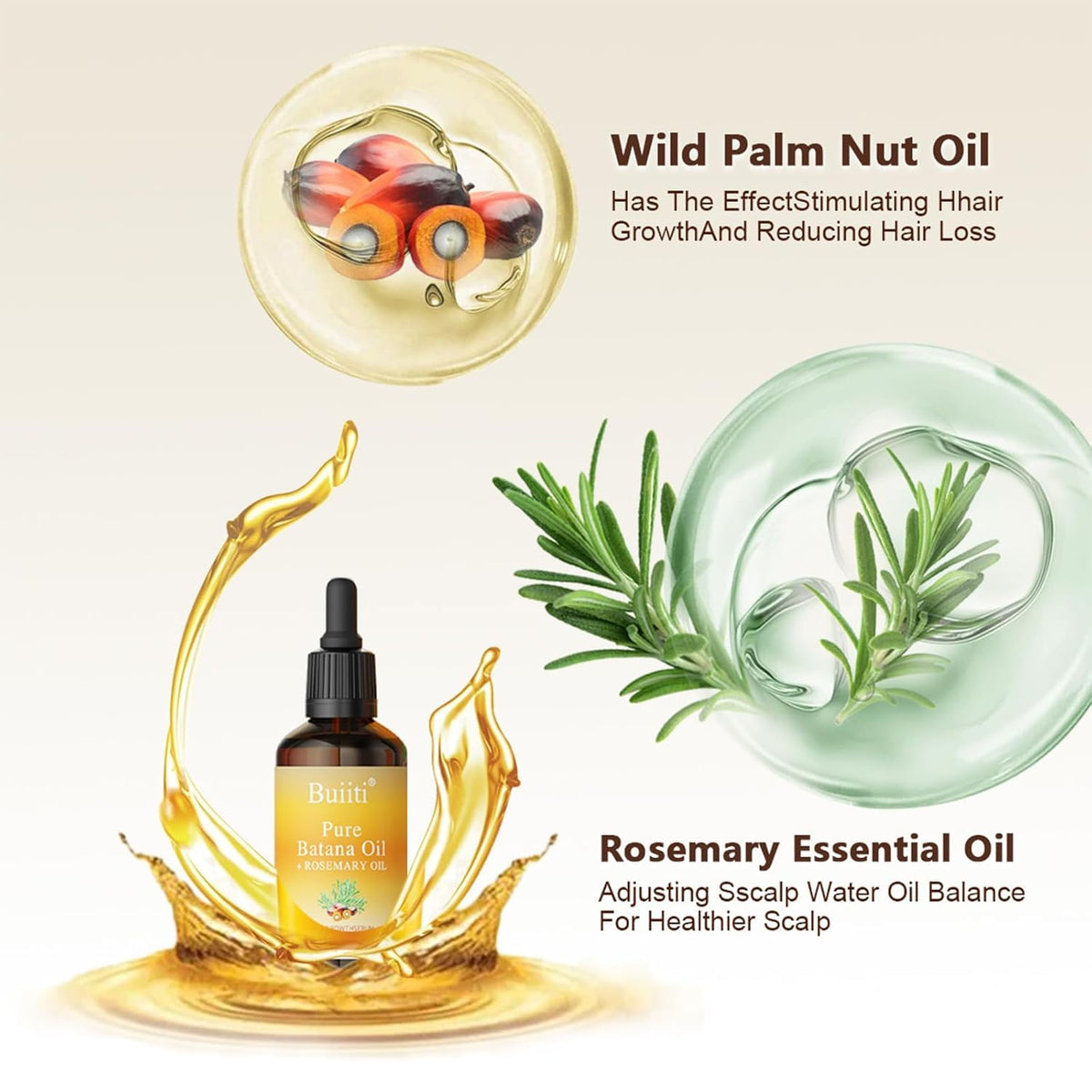 Buiiti Batana Oil with Rosemary for Hair Growth, Organic Hair Treatment for Thinning Hair, Scalp Nourishing, Strengthen & Moisturize Dry Damaged Hair, 1 fl oz