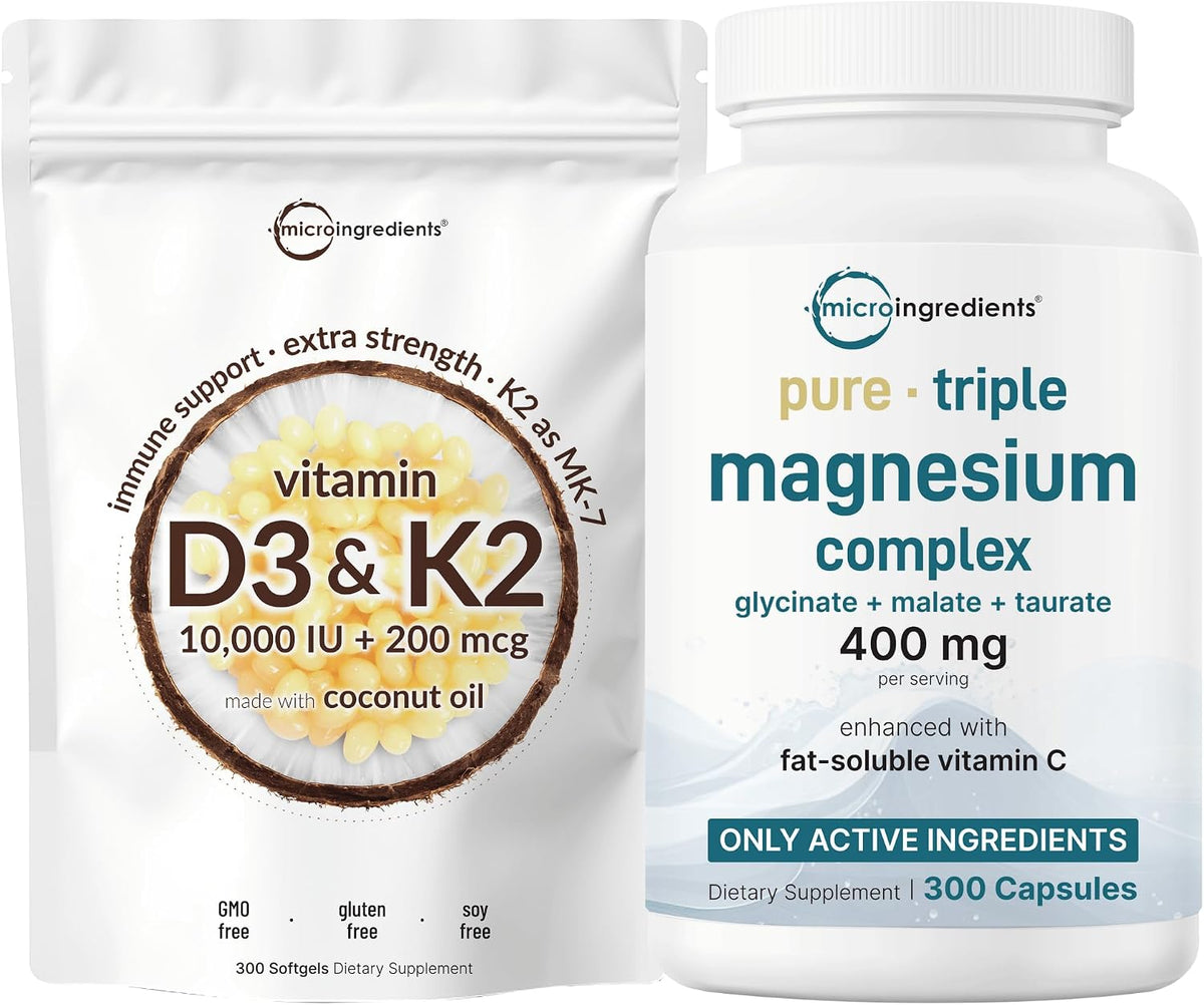 Micro Ingredients Vitamin D3 10,000iu + K2 200mcg Softgels & Pure Triple Magnesium Complex 400mg Capsules - 2 Pack Bundle - Essential D & K Sunshine Vitamins - Glycinate, Malate, & Taurate Forms
