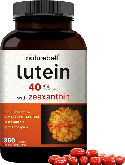 Lutein 40mg + Zeaxanthin 1,600mcg, 360 Softgels - 4-in-1 Formula with Astaxanthin, Omega-3 & Phospholipids - Marigold Flower Extract - Supports Eye, Brain & Vision Health - Non-GMO, Gluten Free