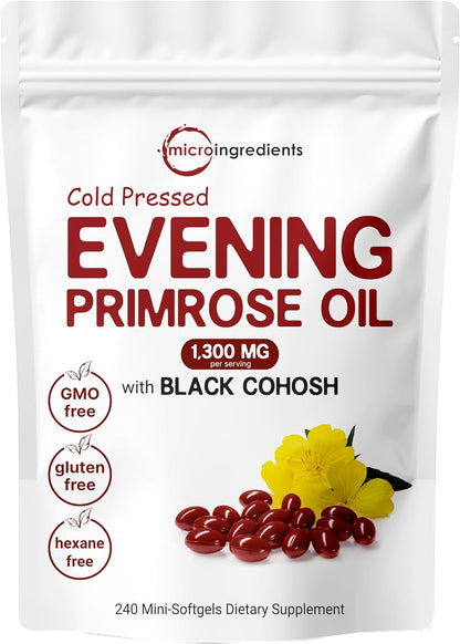 Evening Primrose Oil 1300mg Per Serving, 240 Softgels - Enhanced with 40mg Black Cohosh Extract, Cold Pressed – 10% Active GLA, Non-GMO, No Gluten, Easy to Swallow
