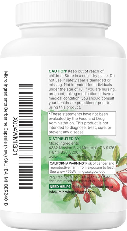Micro Ingredients Berberine with Ceylon Cinnamon, 240 Veggie Capsules - High Absorption Berberine HCI Supplement + Turmeric Root & Cinnamon Bark Extract - Non-GMO, Gluten Free