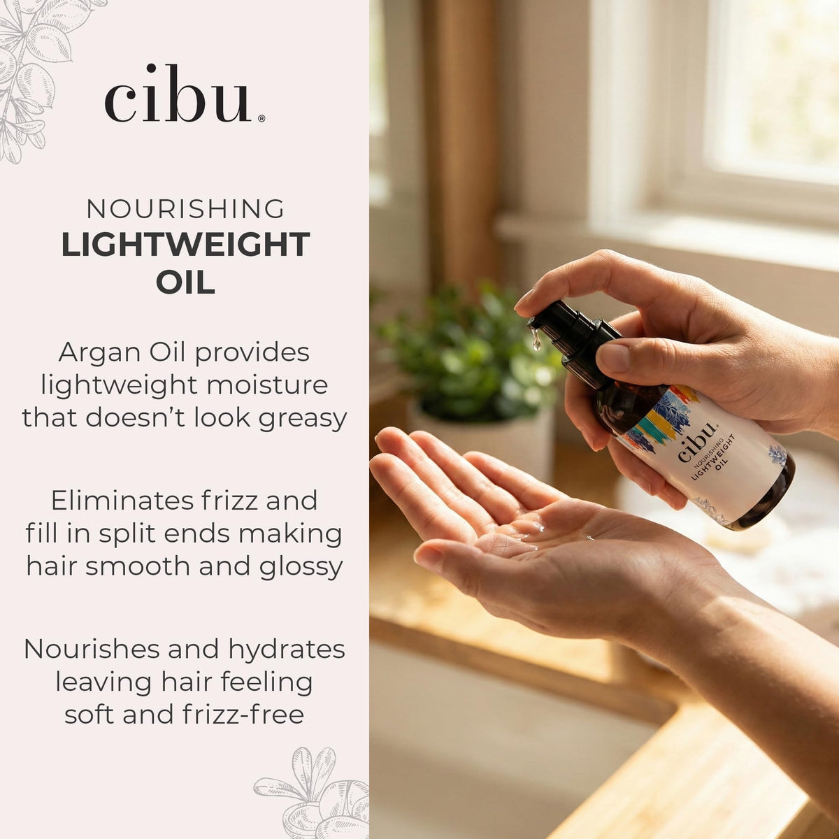 CIBU Nourishing Argan Oil Hair Serum - Anti-Frizz, Heat Protectant & Anti-Breakage Formula - Lightweight Hair Treatment - 4 Ounces