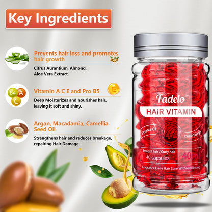 Fadelo Hair Treatment - Frizz and Damage Control with Vitamins A, C, E, B5, Argan, Macadamia, and Avocado Oils - 40 Capsules