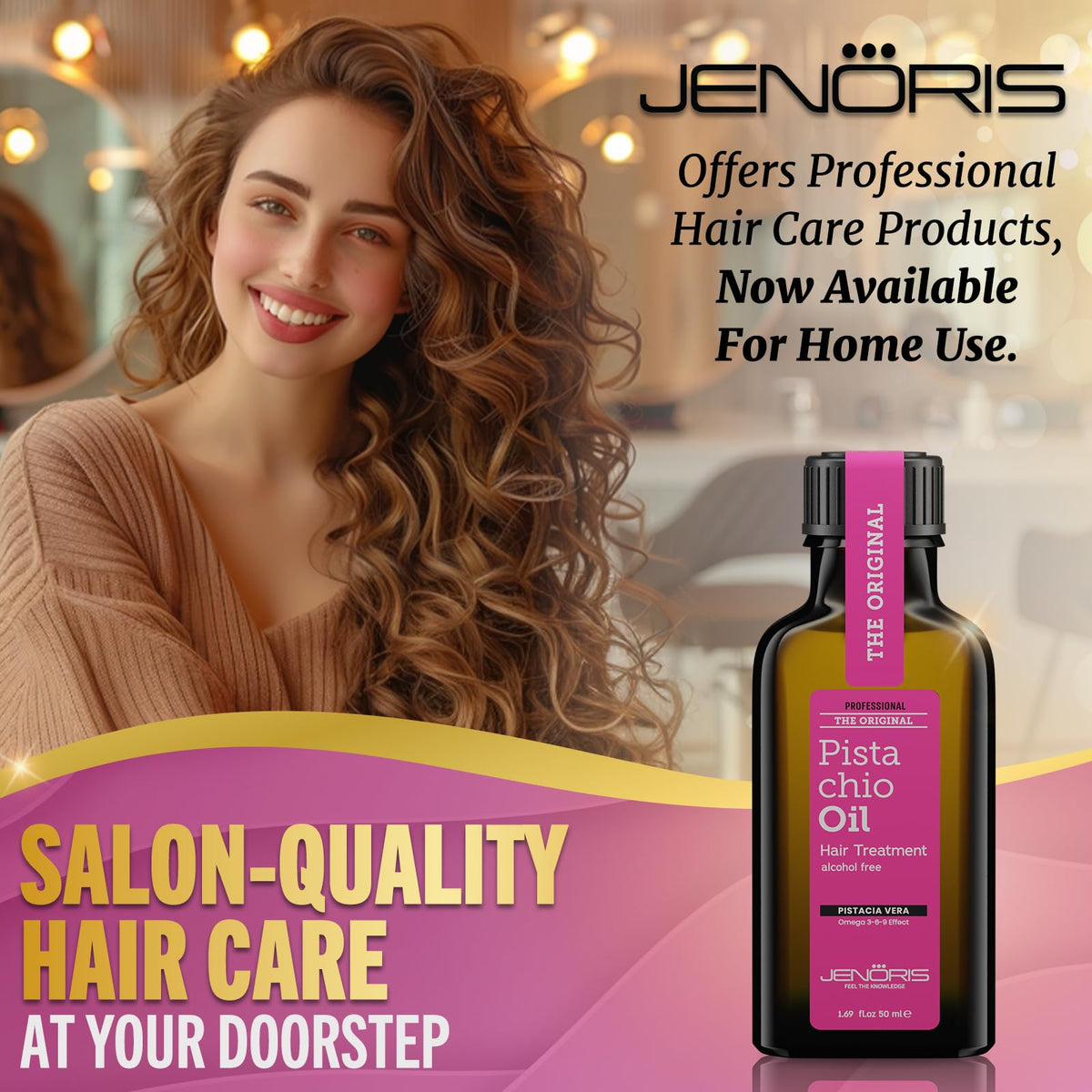 Jenoris Pistachio Oil Hair Serum for Frizzy and Damaged Hair, Lightweight Hair Oil for Dry Hair with Omega 3-6-9 Complex, Anti-Frizz Hair Serum for Shine, Hydration & Split-End Treatment, 1.69 fl.oz