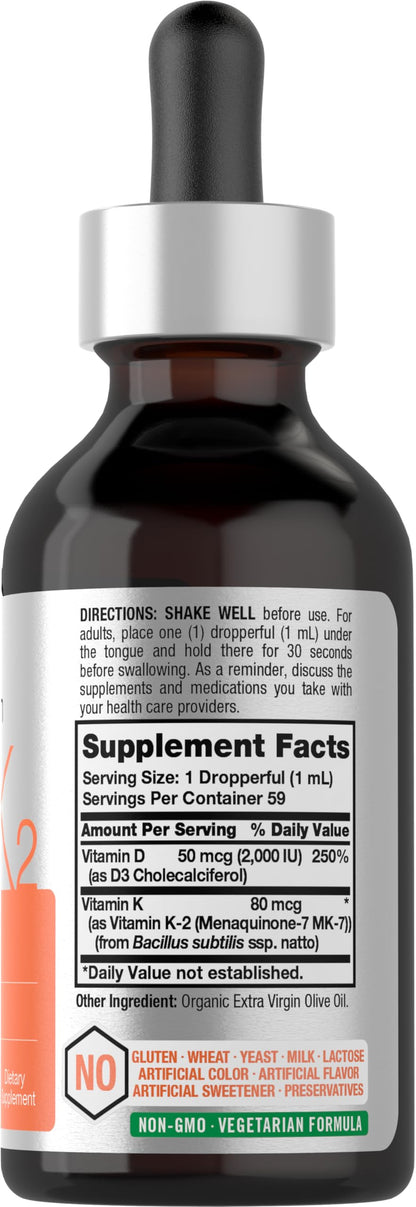Horbäach Vitamin D3 + K2 Liquid Drops - with MK7 - 2 Fl Oz - Vegetarian - Non-GMO