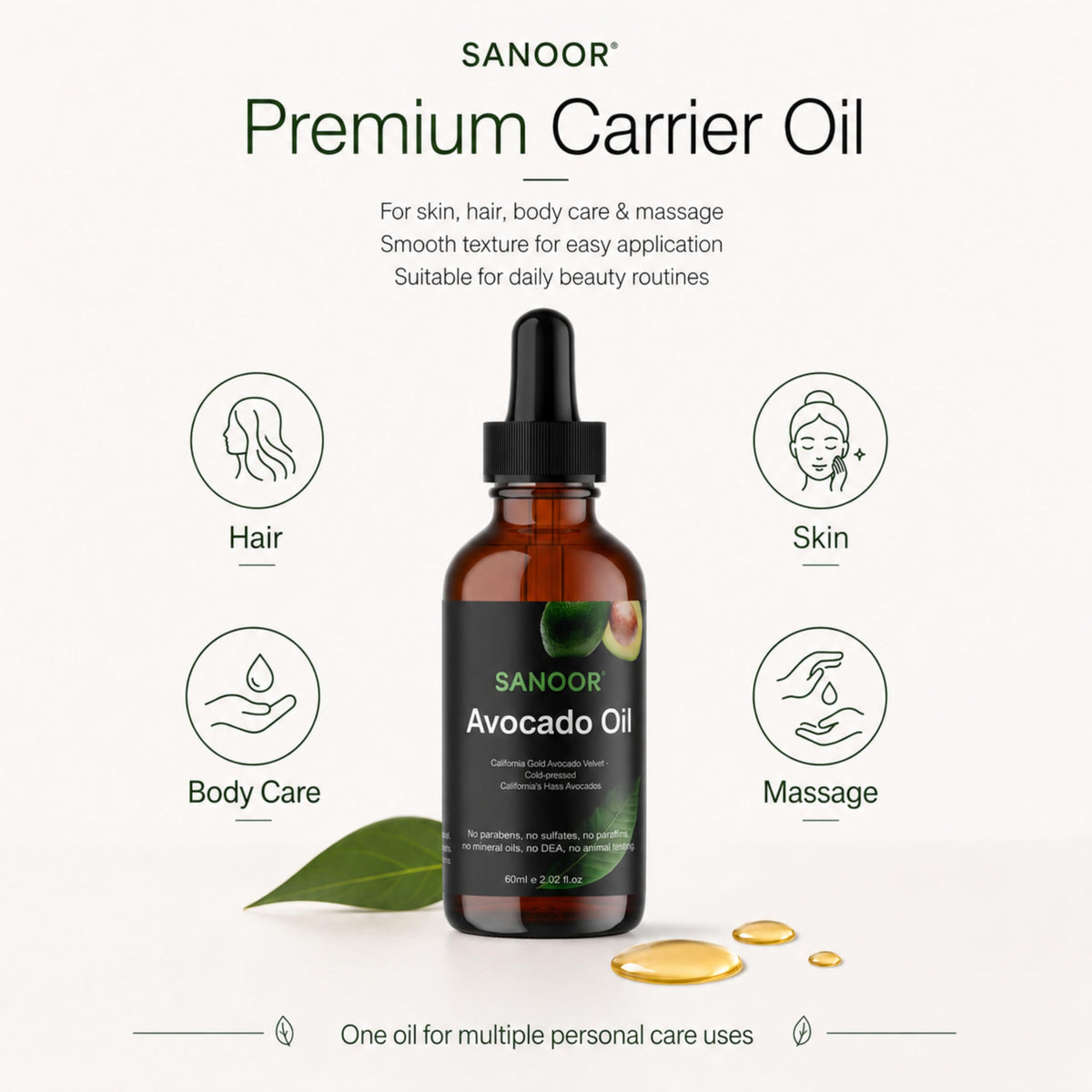 SANOOR Avocado Oil, Premium Carrier Oil for Hair, Skin & Body Care, Cold-Pressed Avocado Oil, Lightweight Oil for Massage, Hair Lengths, Scalp & Dry-Feeling Skin, Hexane-Free, 60 ml
