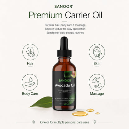 SANOOR Avocado Oil, Premium Carrier Oil for Hair, Skin & Body Care, Cold-Pressed Avocado Oil, Lightweight Oil for Massage, Hair Lengths, Scalp & Dry-Feeling Skin, Hexane-Free, 60 ml
