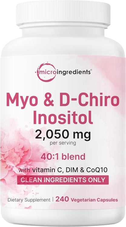 Myo-Inositol & D-Chiro Inositol 2,050mg - 240 Veggie Capsules + Vitamin C, Folate, DIM, & CoQ10 - Inositol Supplement for Women - 40:1 Ratio - Hormonal Balance & Ovarian Support - Filler Free