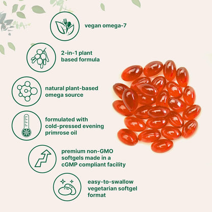 Vegan Omega-7 Sea Buckthorn Oil, 240 Vegetarian Softgels - 2-in-1 with Evening Primrose Oil - Plant Based Botanical Oil Blend - Non-GMO, Gluten, & Carrageenan Free