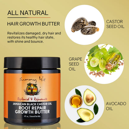 Sunny Isle Jamaican Black Castor Oil Root Repair Growth Butter 4oz - Restores & Revitalizes ALL Damaged Hair Types - Nutrient-Rich, Stimulates Hair Growth - Fights Dry, Itchy, Flaky Scalp